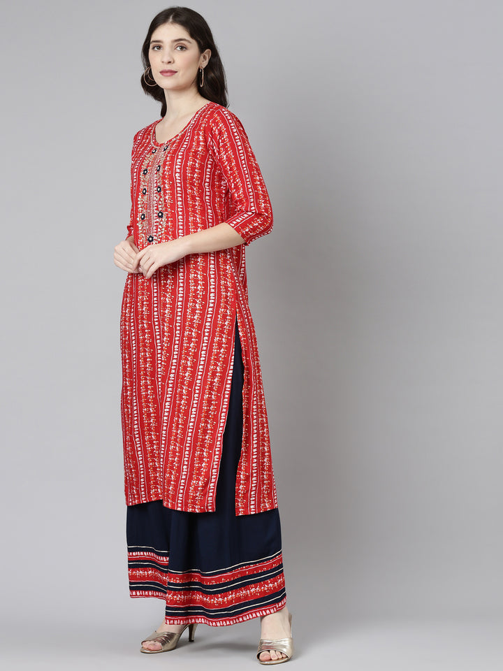 Neerus Red Regular Straight Printed Kurta And Palazzos With Dupatta