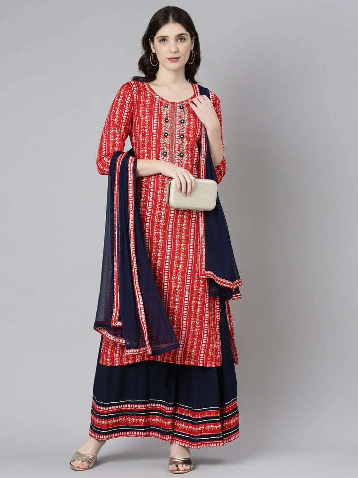 Neerus Red Regular Straight Printed Kurta And Palazzos With Dupatta