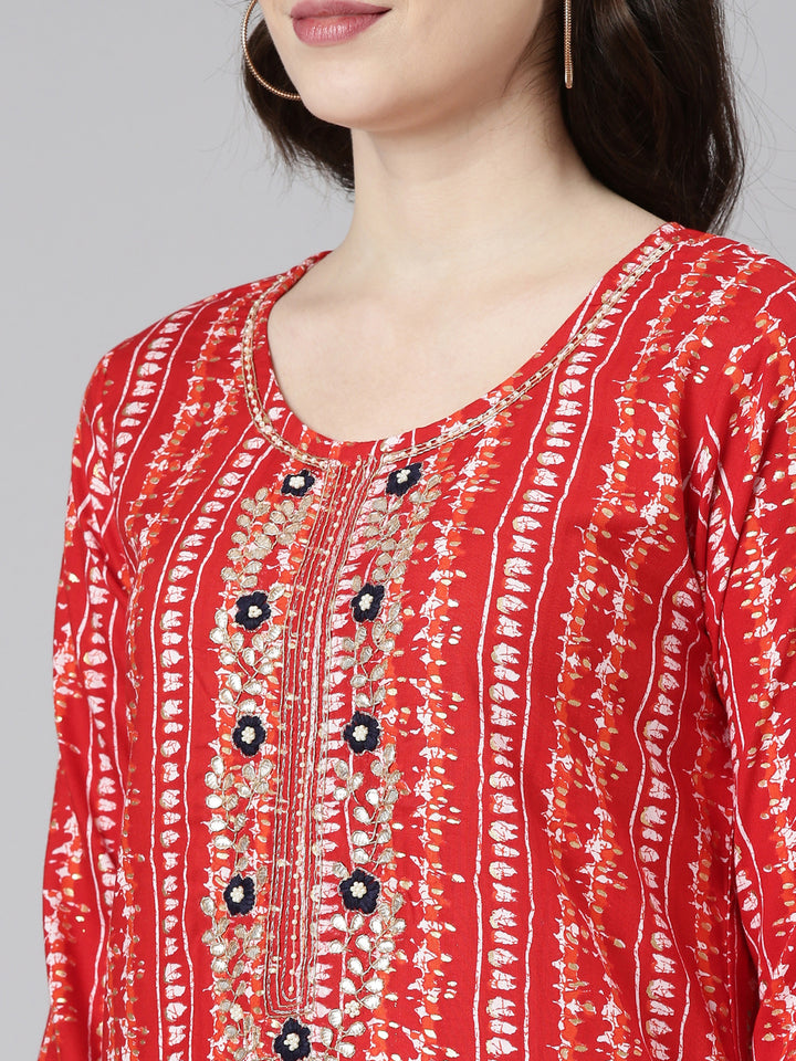 Neerus Red Regular Straight Printed Kurta And Palazzos With Dupatta
