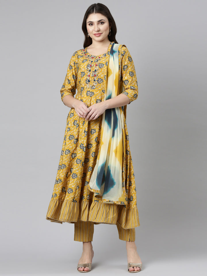Neerus Yellow Regular Straight Printed Kurta And Trousers With Dupatta