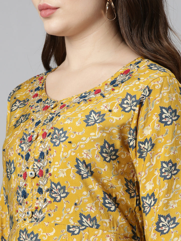 Neerus Yellow Regular Straight Printed Kurta And Trousers With Dupatta