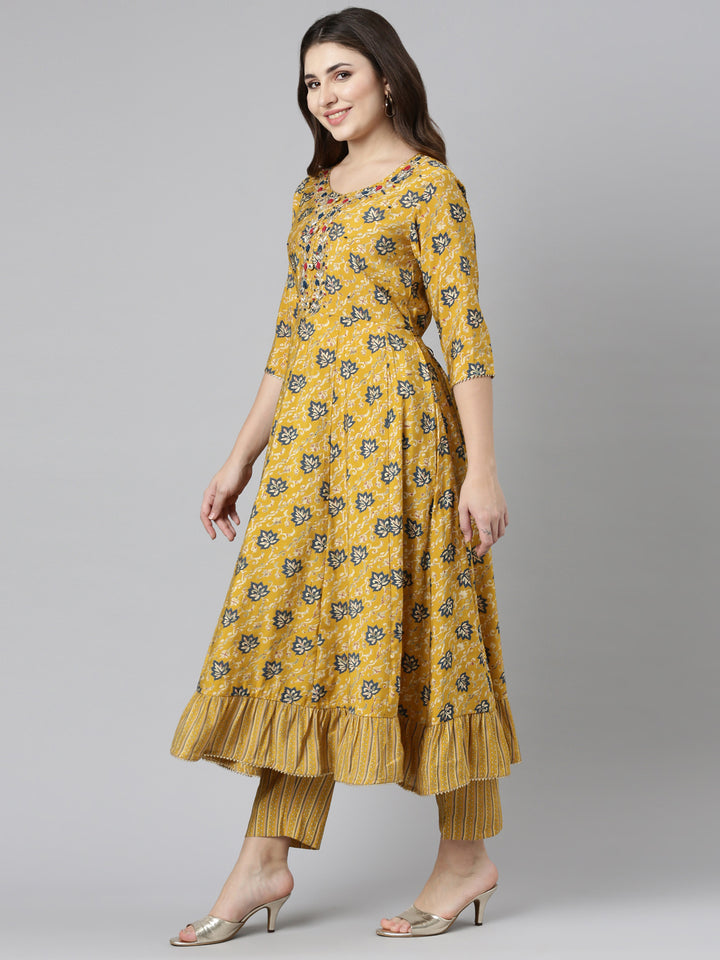 Neerus Yellow Regular Straight Printed Kurta And Trousers With Dupatta