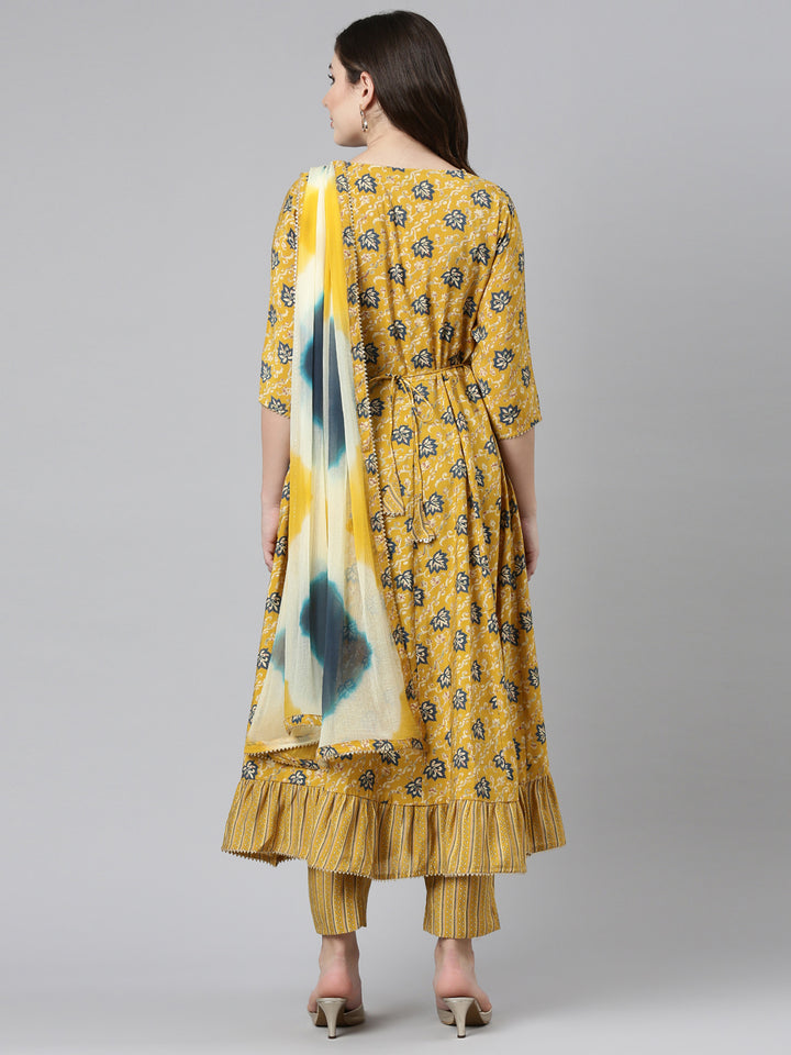 Neerus Yellow Regular Straight Printed Kurta And Trousers With Dupatta
