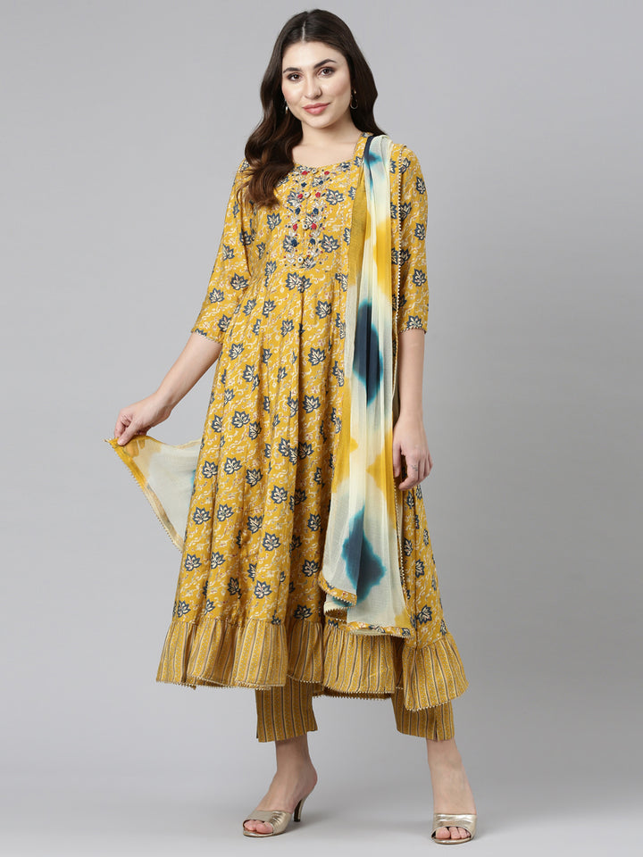 Neerus Yellow Regular Straight Printed Kurta And Trousers With Dupatta