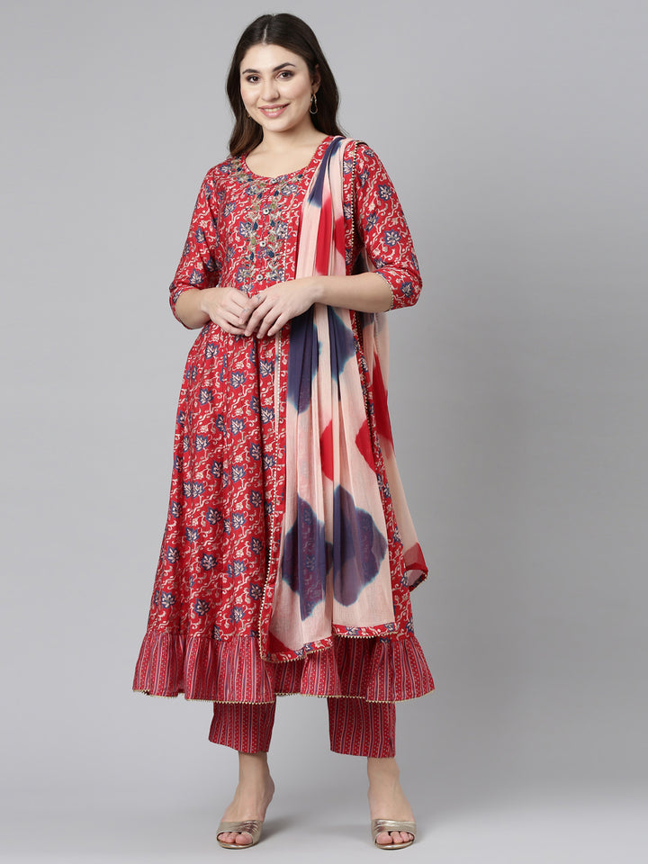 Neerus Red Regular Straight Printed Kurta And Trousers With Dupatta