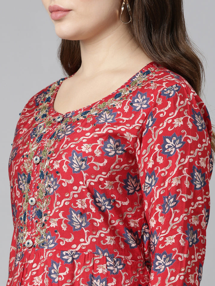 Neerus Red Regular Straight Printed Kurta And Trousers With Dupatta