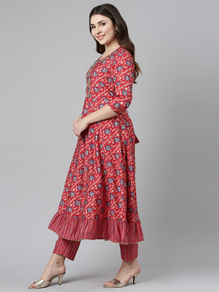 Neerus Red Regular Straight Printed Kurta And Trousers With Dupatta