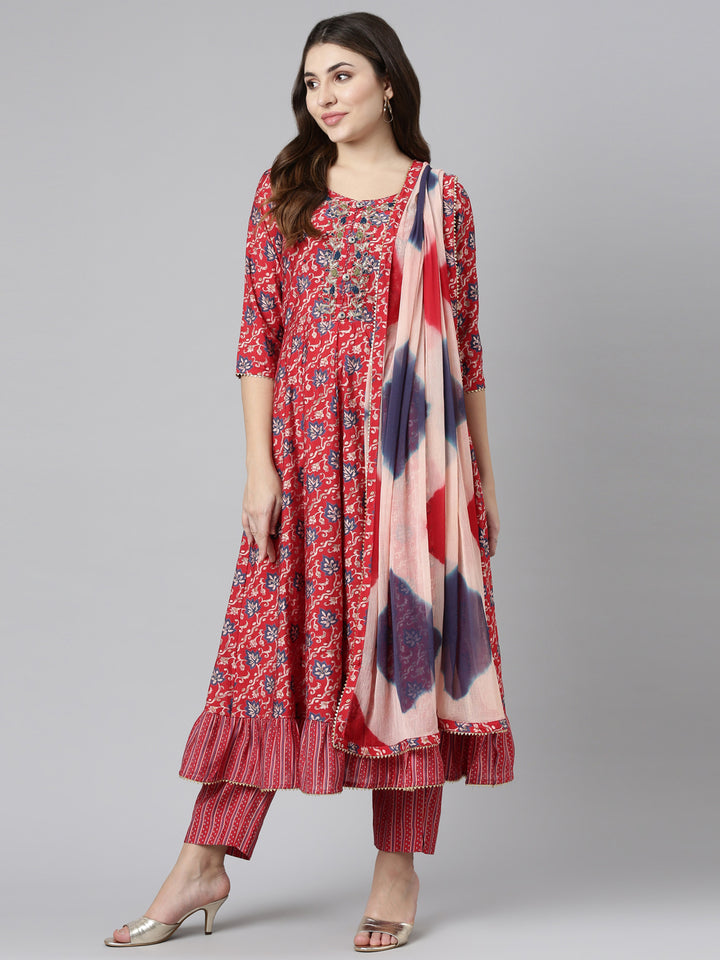 Neerus Red Regular Straight Printed Kurta And Trousers With Dupatta