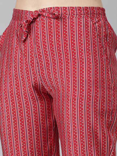 Neeru's Red Regular Straight Printed Kurta And Trousers With Dupatta