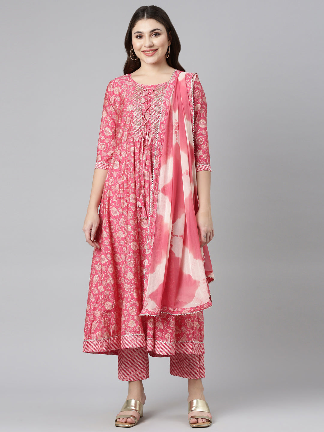 Neerus Pink printed straight kurta set with dupatta - front view