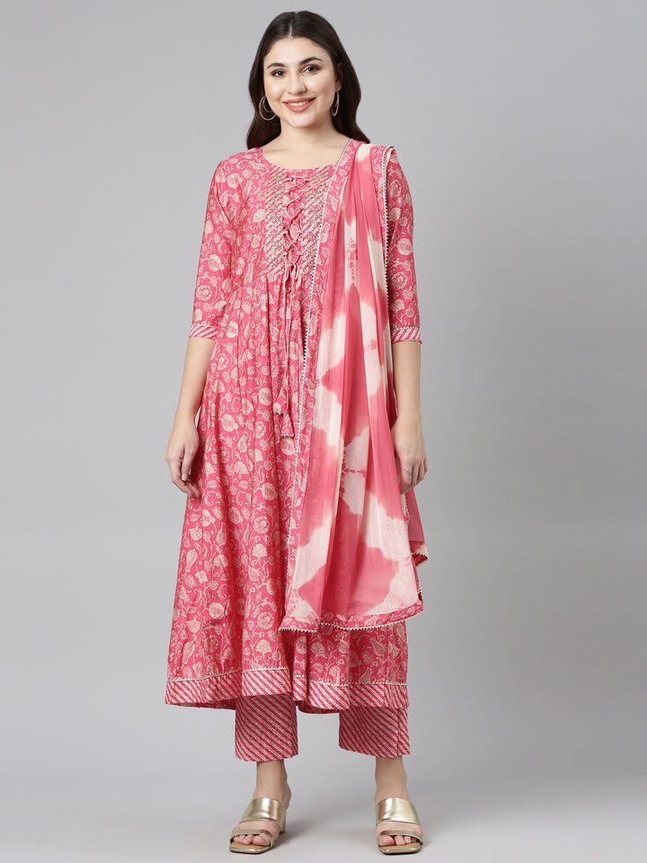 Neerus Pink printed straight kurta set with dupatta - front view