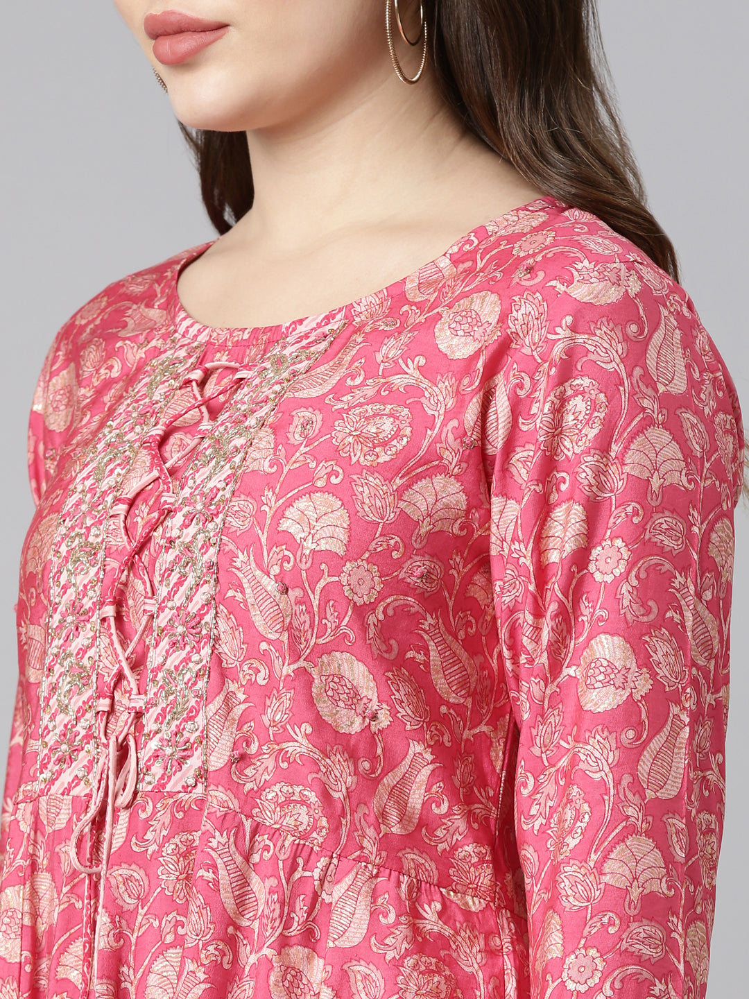 Neerus Pink printed straight kurta set with dupatta - detail view 1