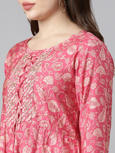 Neeru's Pink Regular Straight Printed Kurta And Trousers With Dupatta