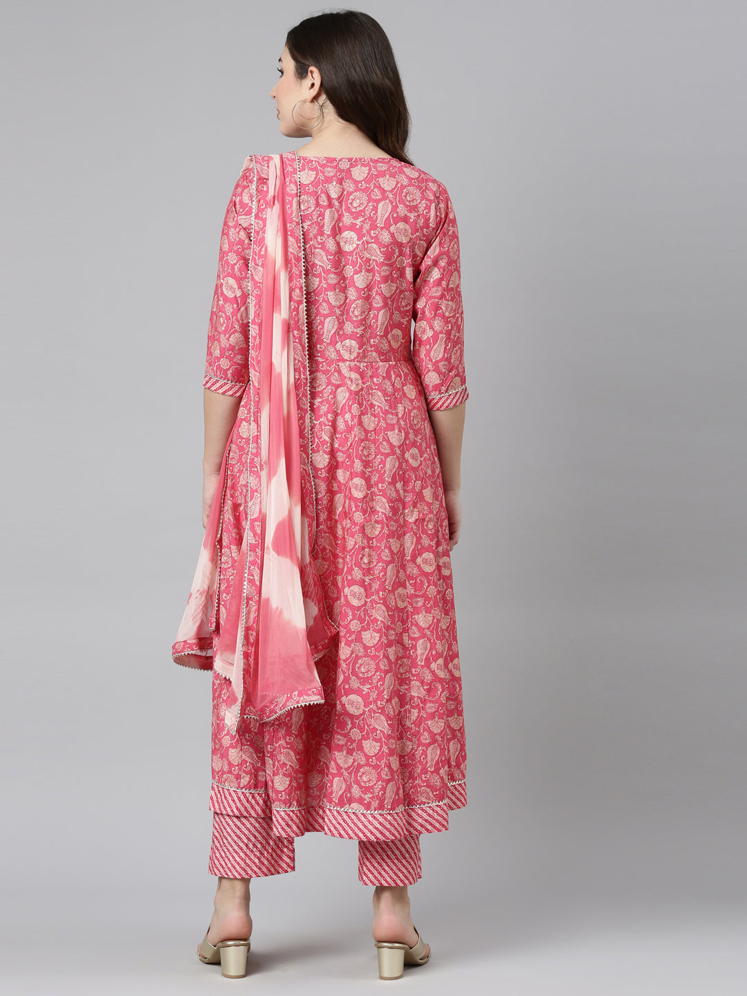 Neerus Pink printed straight kurta set with dupatta - side view
