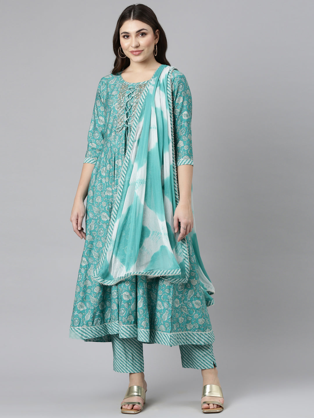 Neerus Sea Green Regular Straight Printed Kurta And Trousers With Dupatta