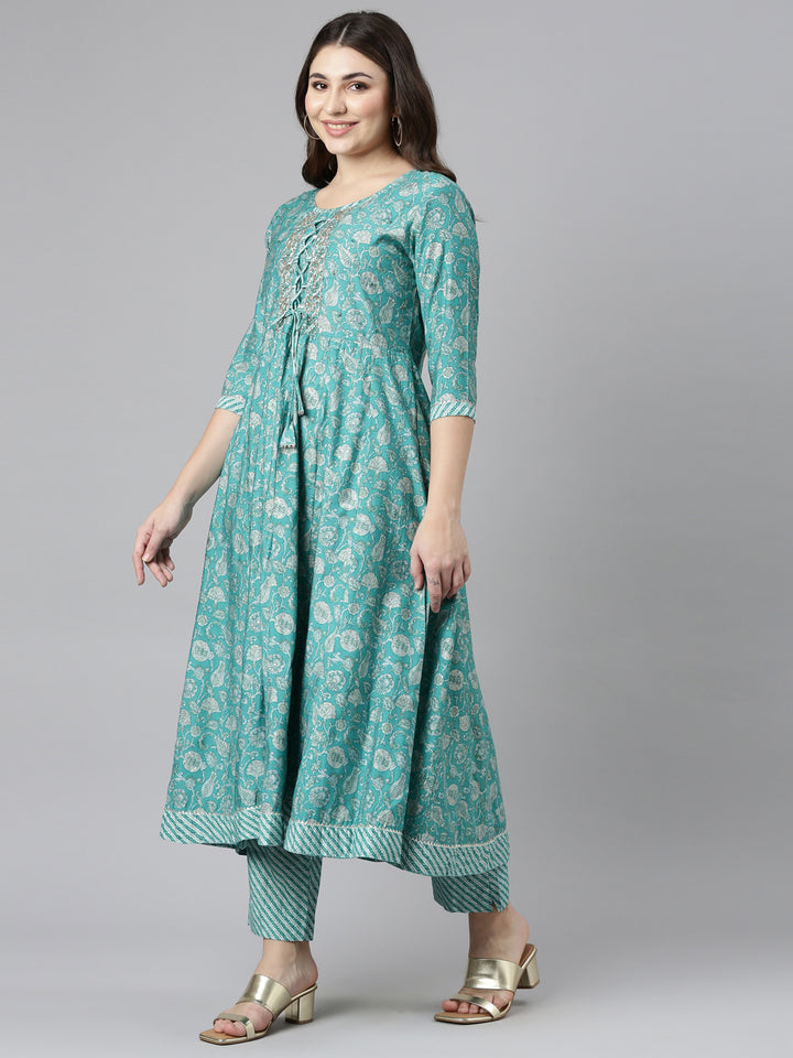 Neerus Sea Green Regular Straight Printed Kurta And Trousers With Dupatta