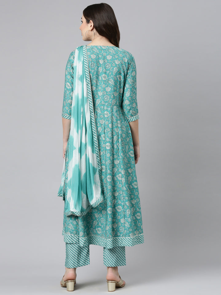 Neerus Sea Green Regular Straight Printed Kurta And Trousers With Dupatta