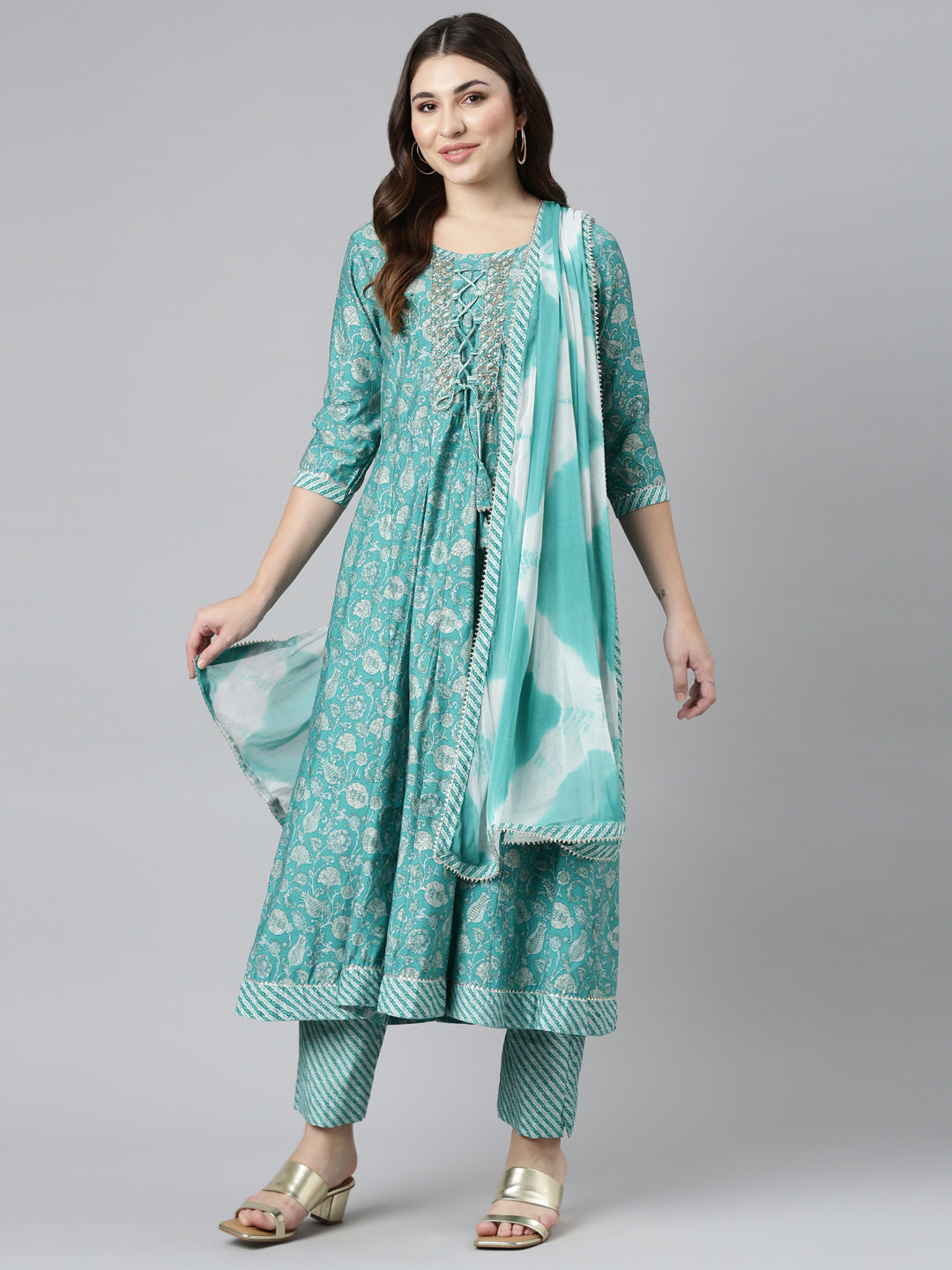 Neerus Sea Green Regular Straight Printed Kurta And Trousers With Dupatta