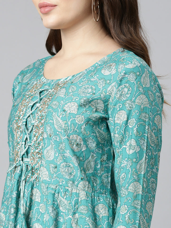 Neerus Sea Green Regular Straight Printed Kurta And Trousers With Dupatta