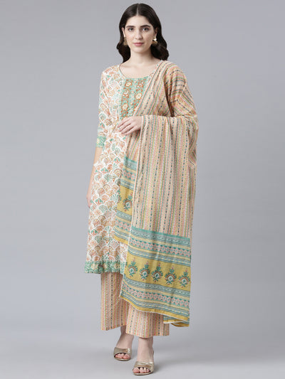 Neeru's Orange Regular Straight Printed Kurta And Palazzos With Dupatta