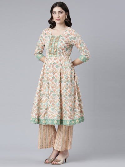 Neeru's Orange Regular Straight Printed Kurta And Palazzos With Dupatta