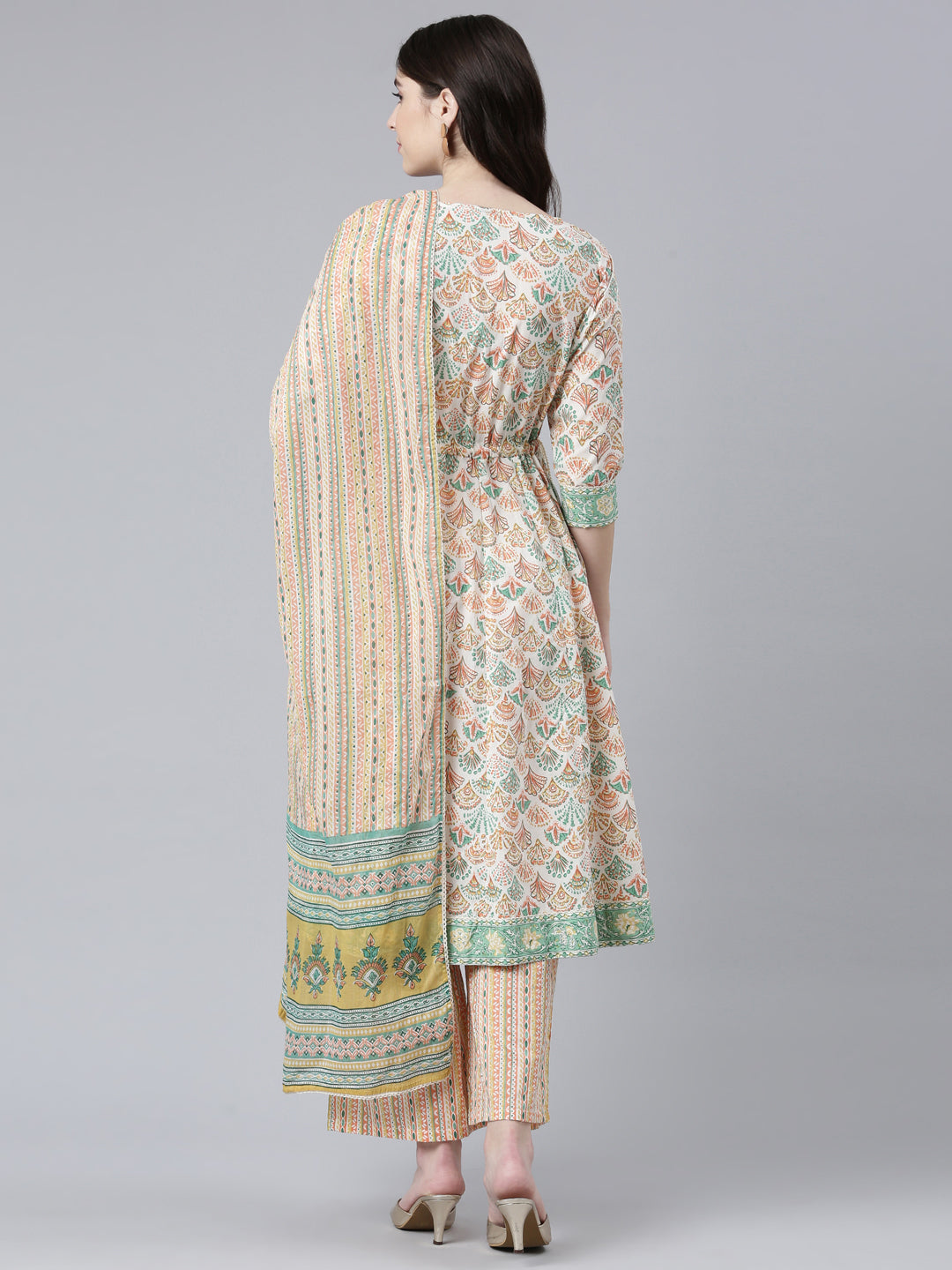 Neerus Orange Regular Straight Printed Kurta And Palazzos With Dupatta