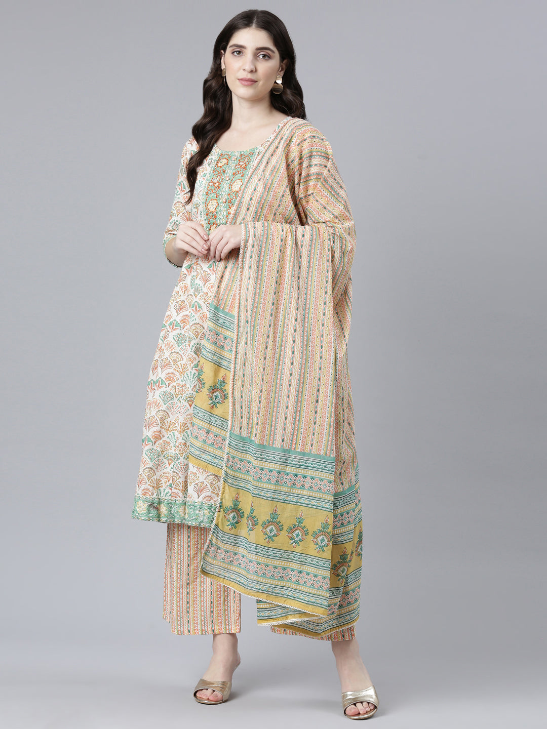 Neerus Orange Regular Straight Printed Kurta And Palazzos With Dupatta