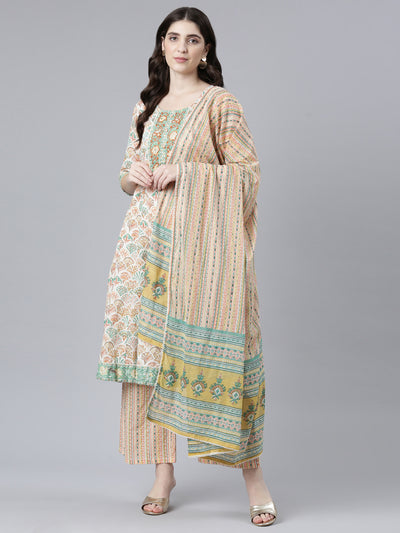 Neeru's Orange Regular Straight Printed Kurta And Palazzos With Dupatta