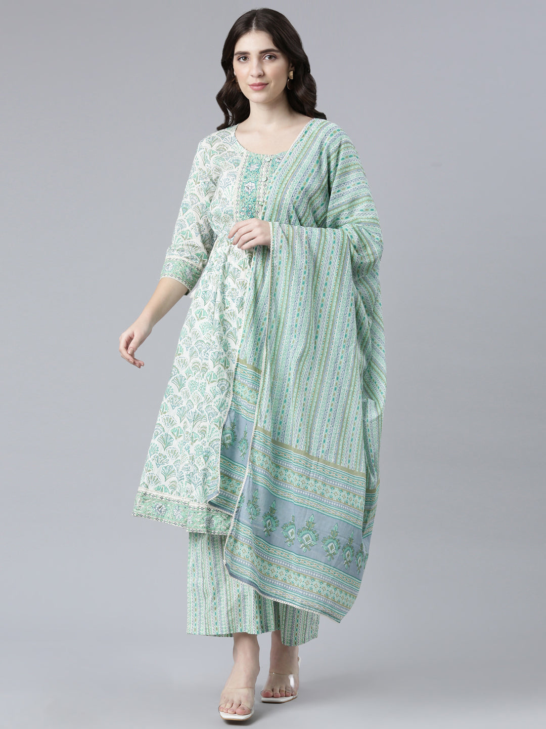 Neerus Green cotton printed kurta set with palazzo and dupatta - front view