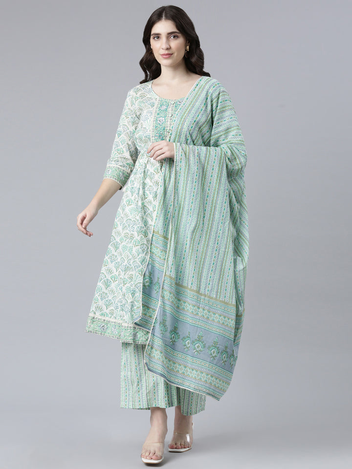Neerus Green cotton printed kurta set with palazzo and dupatta - front view