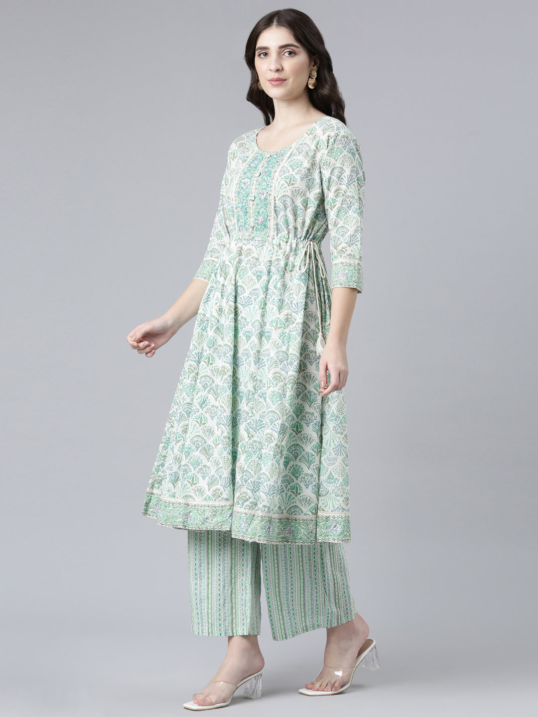 Neerus Green cotton printed kurta set with palazzo and dupatta - back view