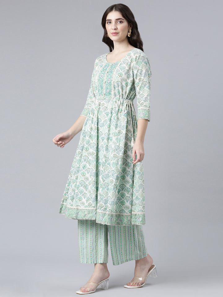 Neerus Green cotton printed kurta set with palazzo and dupatta - back view