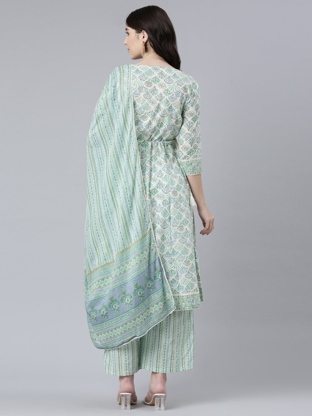 Neerus Green cotton printed kurta set with palazzo and dupatta - side view