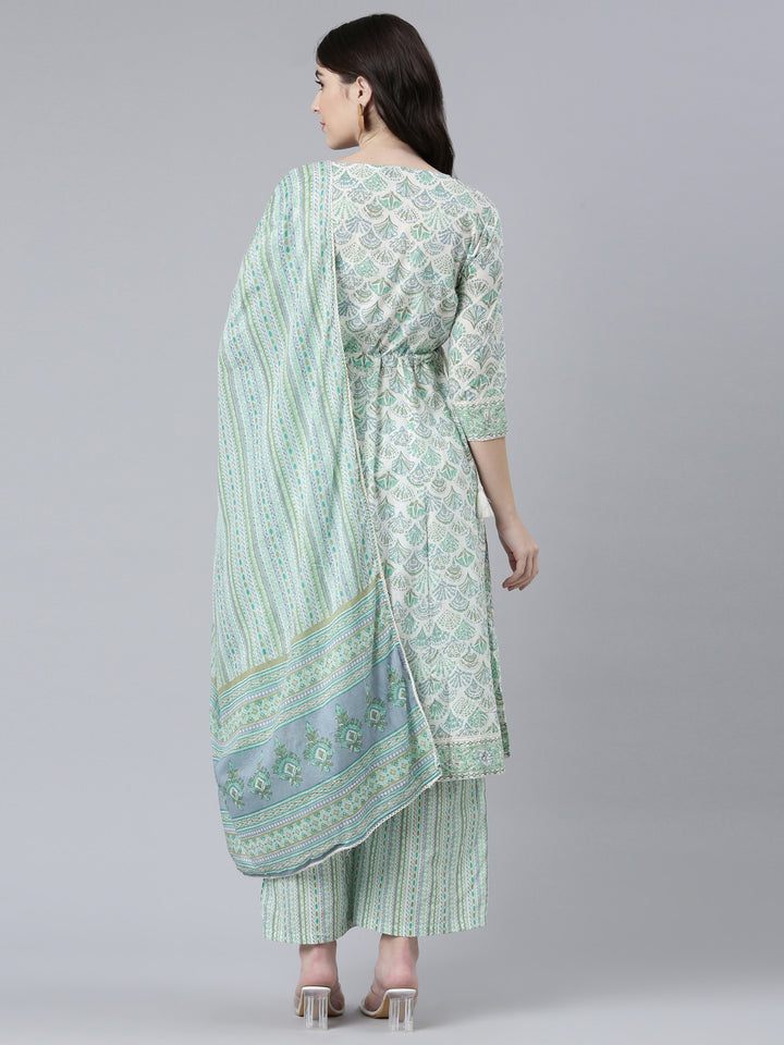 Neerus Green cotton printed kurta set with palazzo and dupatta - side view