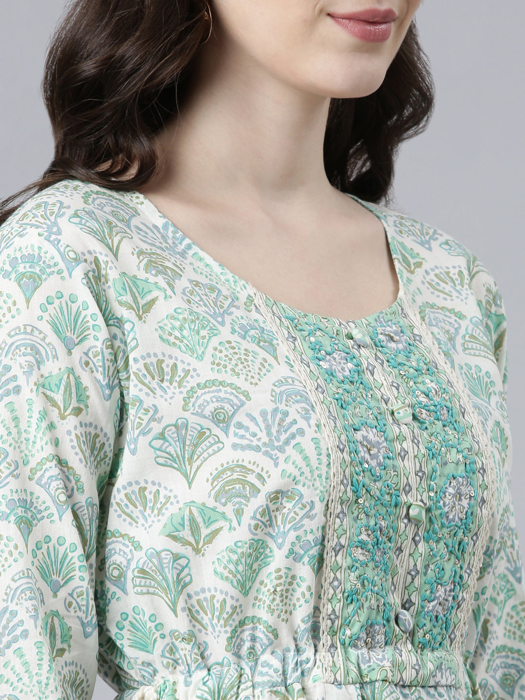 Neerus Green cotton printed kurta set with palazzo and dupatta - detail view 1