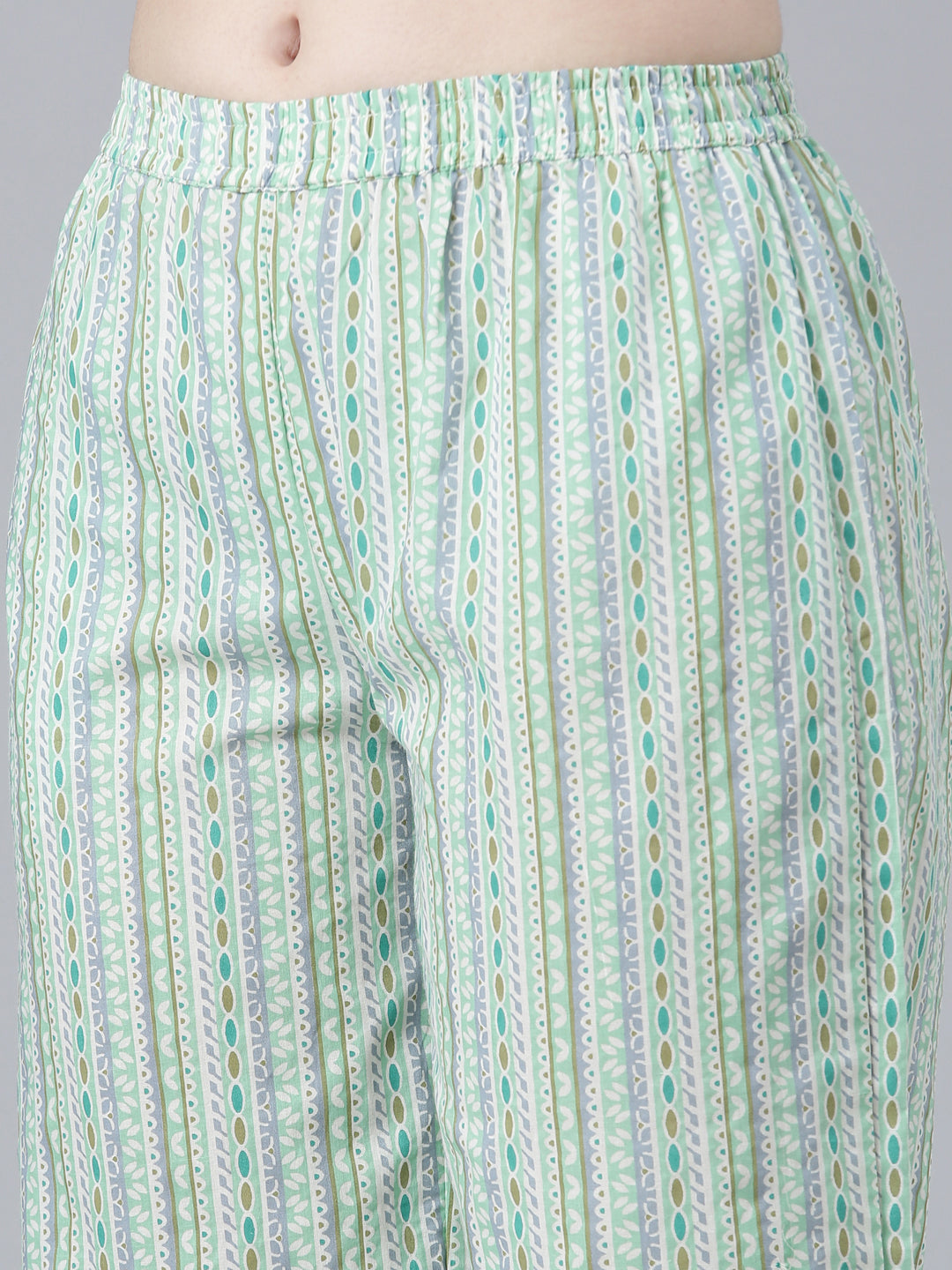 Neerus Green cotton printed kurta set with palazzo and dupatta - detail view 3