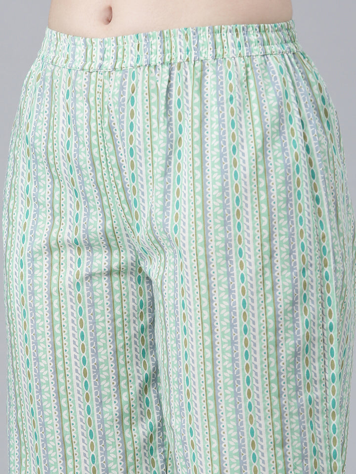 Neerus Green cotton printed kurta set with palazzo and dupatta - detail view 3