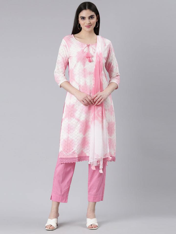 Neerus Pink chiffon printed kurta set with trouser and dupatta - front view