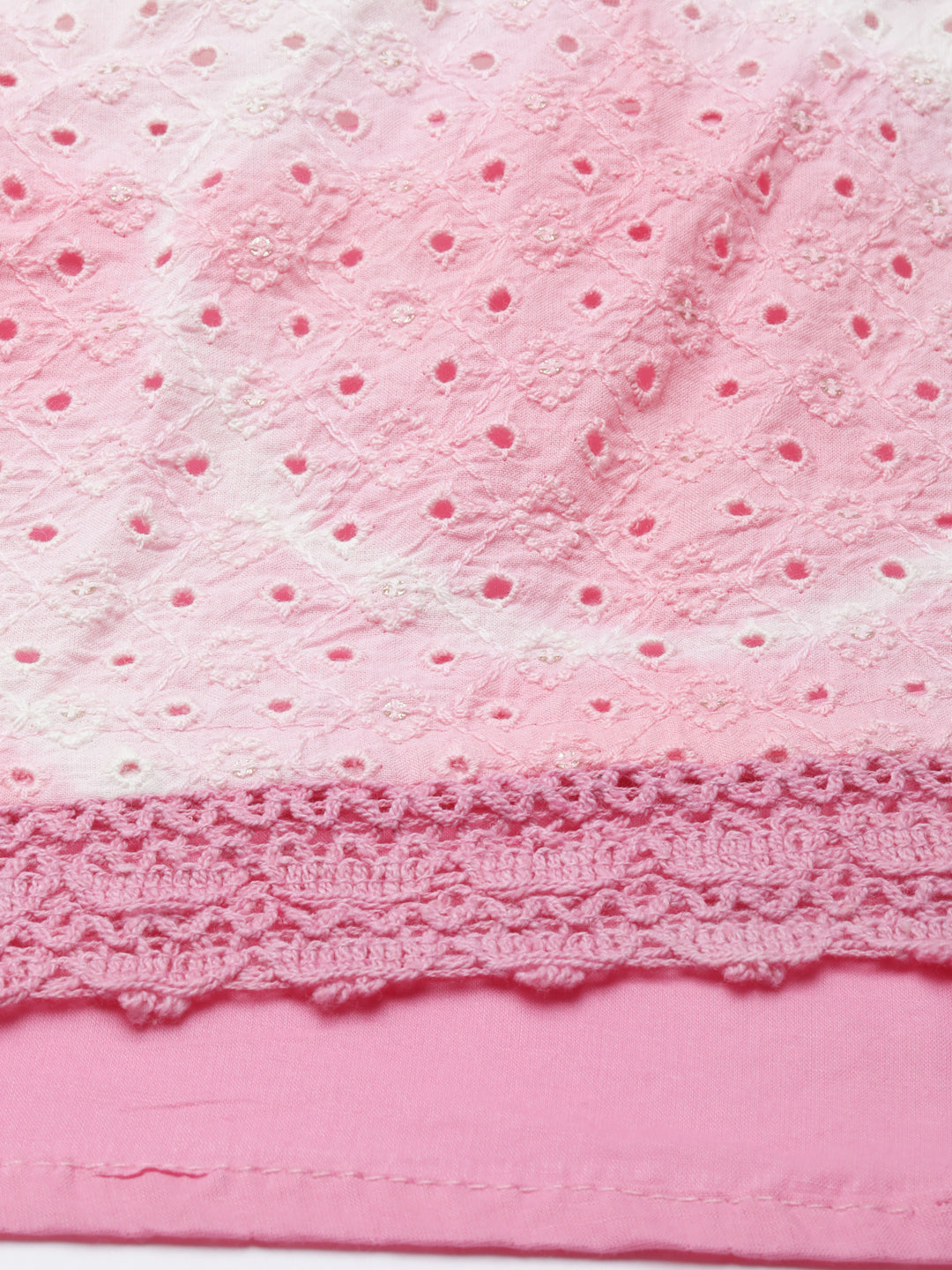 Neerus Pink chiffon printed kurta set with trouser and dupatta - detail view 4