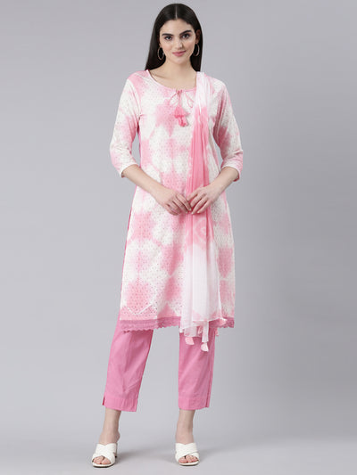 Neeru's Pink Regular Straight Printed Kurta And Trousers With Dupatta