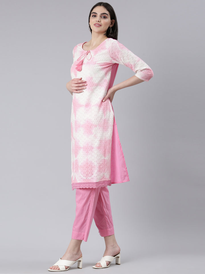 Neerus Pink chiffon printed kurta set with trouser and dupatta - back view