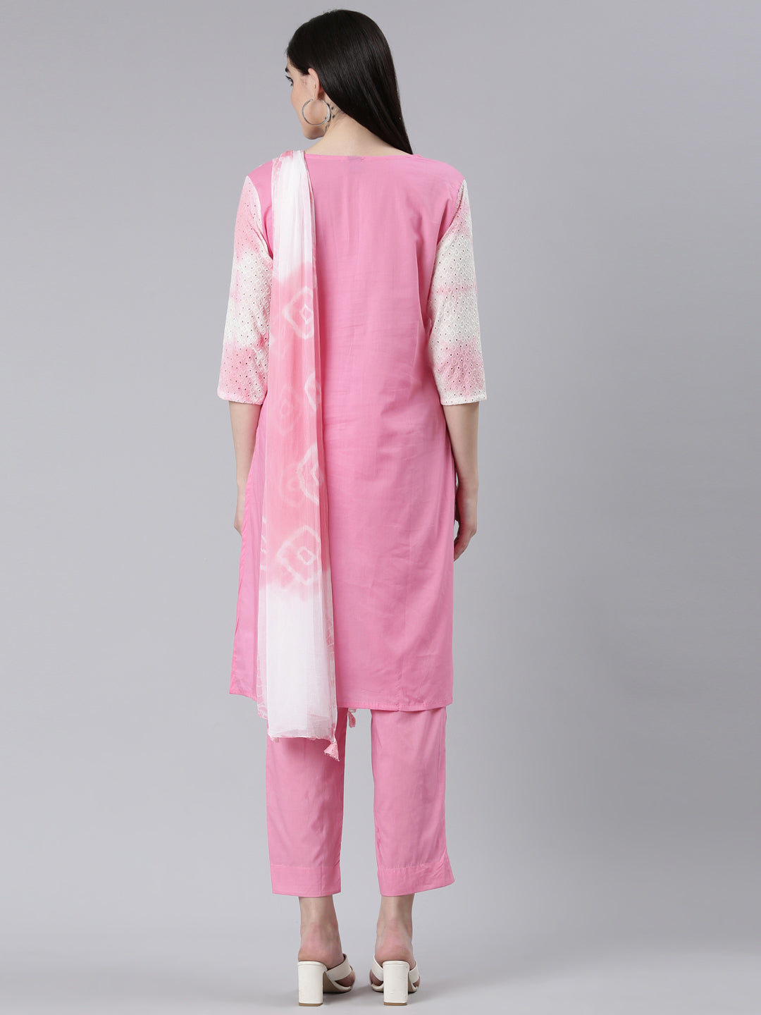 Neerus Pink chiffon printed kurta set with trouser and dupatta - side view
