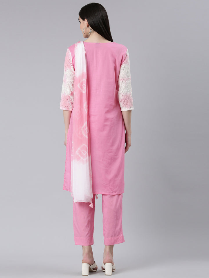 Neerus Pink chiffon printed kurta set with trouser and dupatta - side view