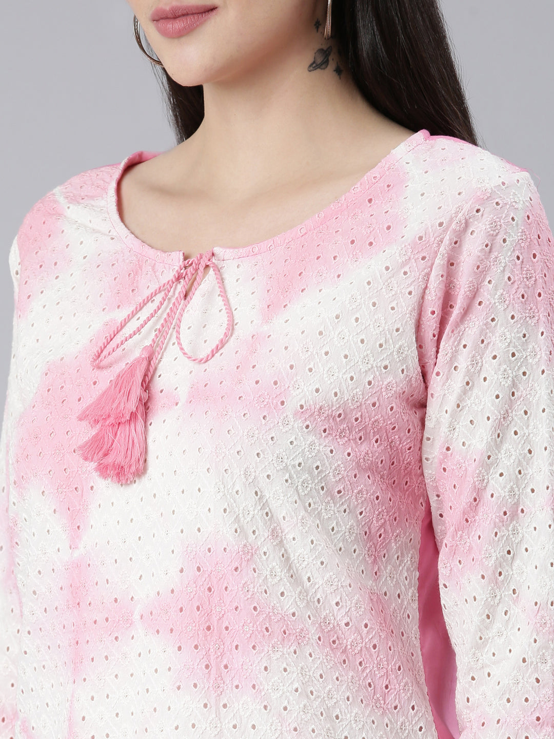 Neerus Pink chiffon printed kurta set with trouser and dupatta - detail view 1