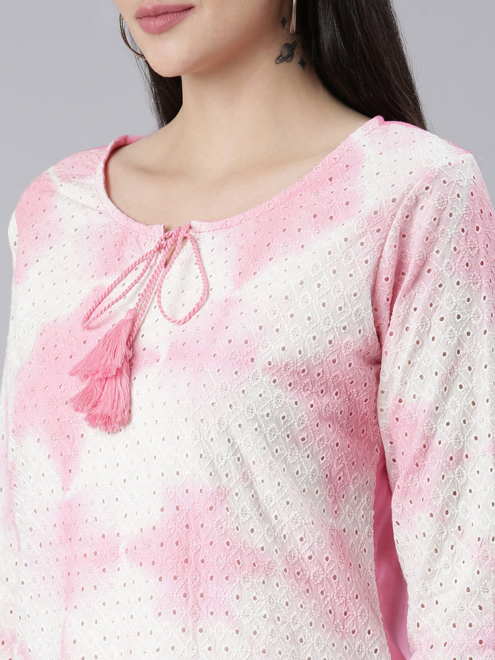 Neerus Pink chiffon printed kurta set with trouser and dupatta - detail view 1