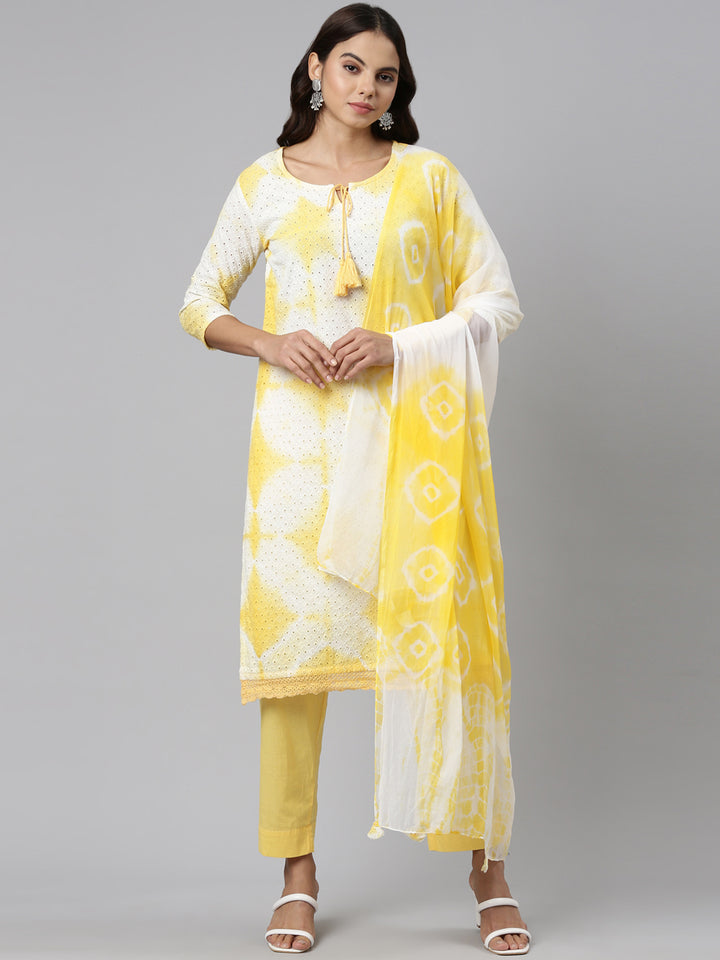 Neerus Yellow Regular Straight Dyed Kurta And Trousers With Dupatta