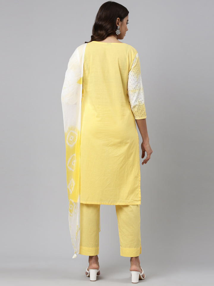 Neerus Yellow Regular Straight Dyed Kurta And Trousers With Dupatta