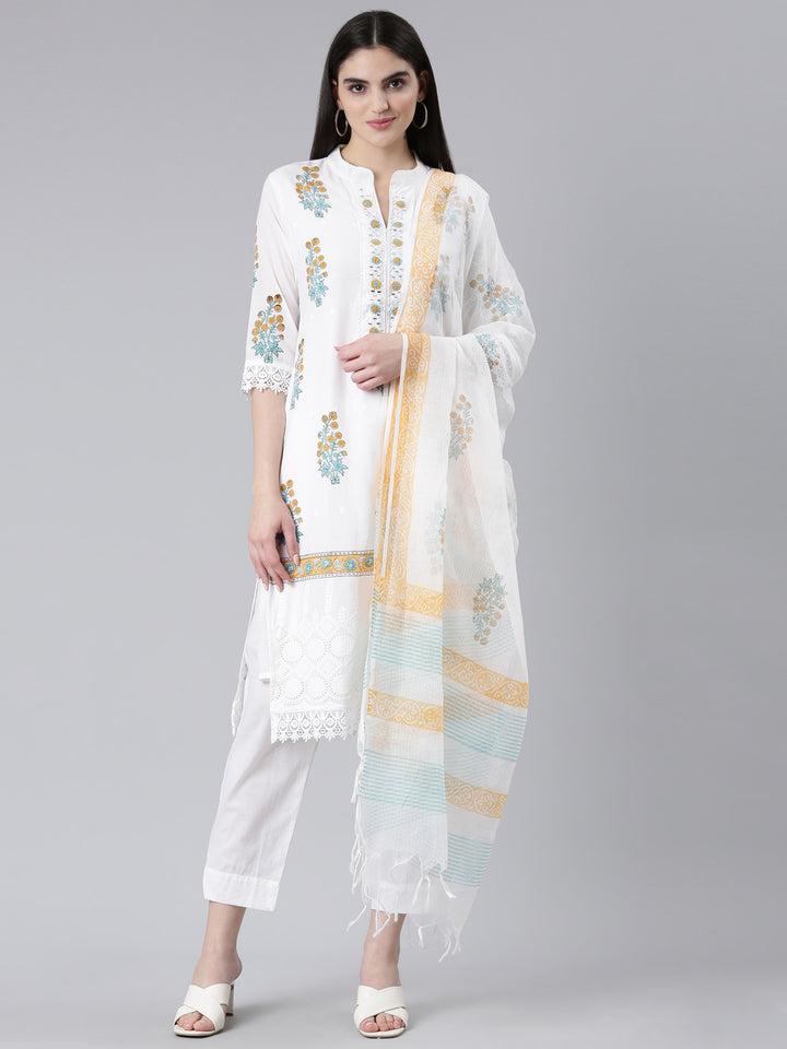 Neerus Yellow Regular Straight Printed Kurta And Trousers With Dupatta