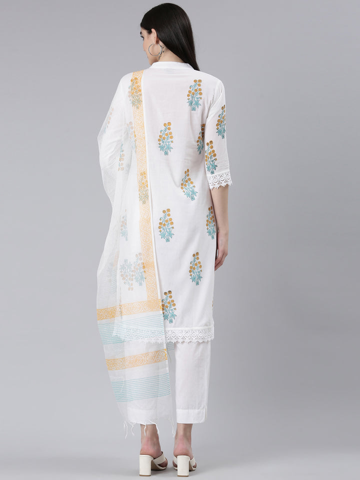 Neerus Yellow Regular Straight Printed Kurta And Trousers With Dupatta