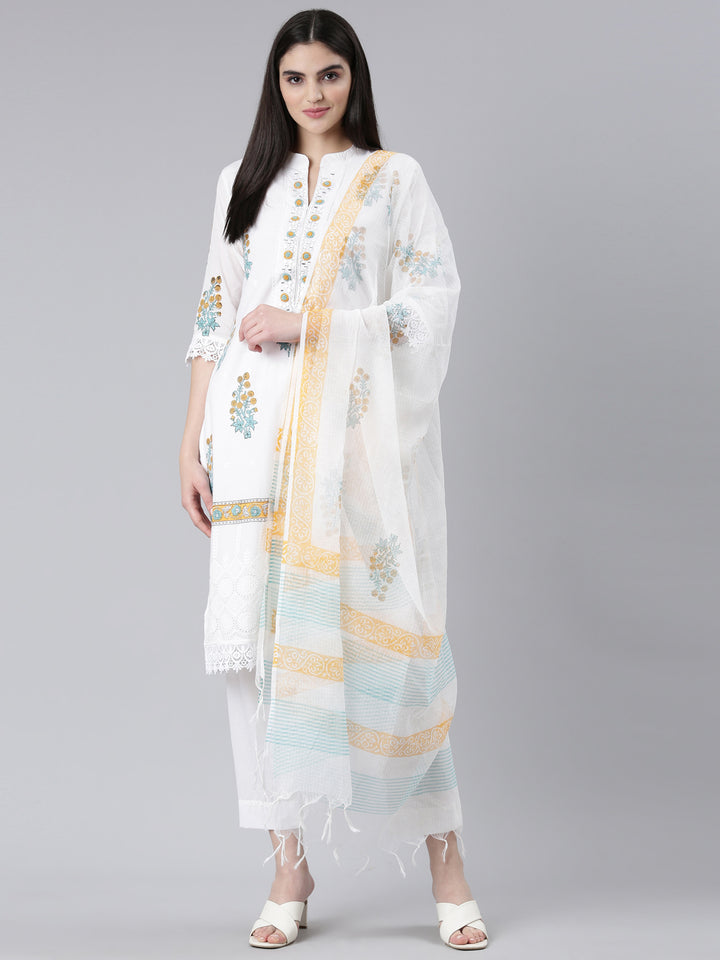 Neerus Yellow Regular Straight Printed Kurta And Trousers With Dupatta